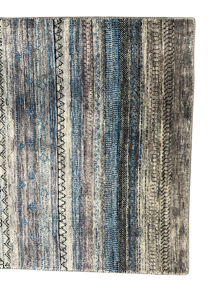 Blue &amp; Grey Linear Tribal Wool Runner Rug – 2.8’ x 15.10’