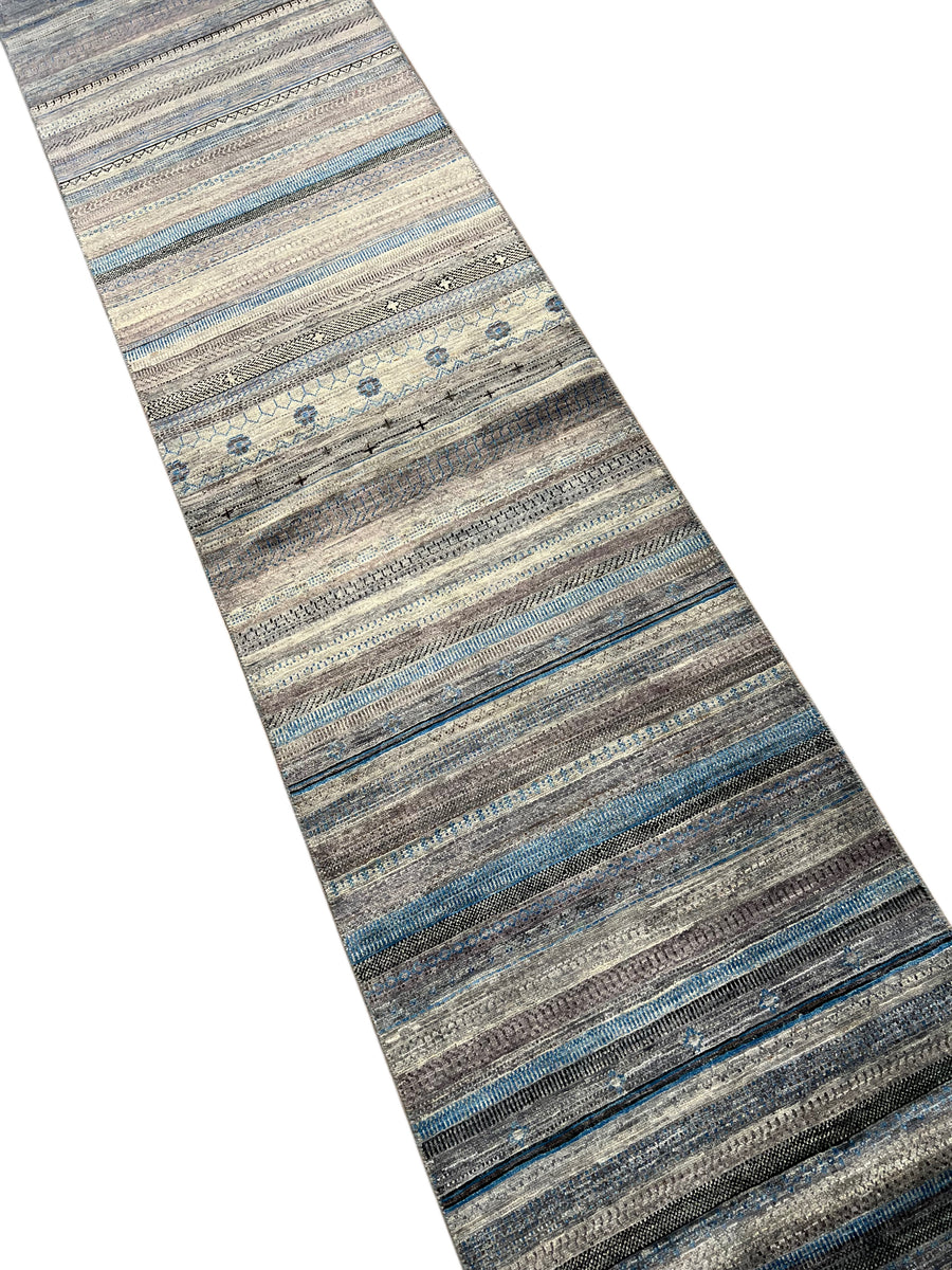Blue & Grey Linear Tribal Wool Runner Rug – 2.8’ x 15.10’