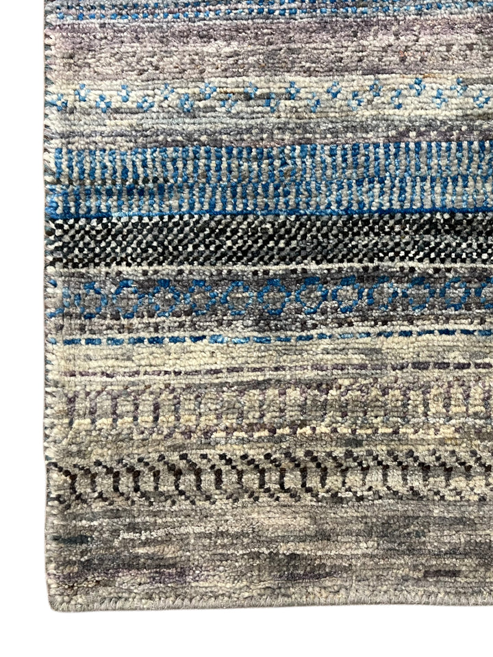 Blue &amp; Grey Linear Tribal Wool Runner Rug – 2.8’ x 15.10’
