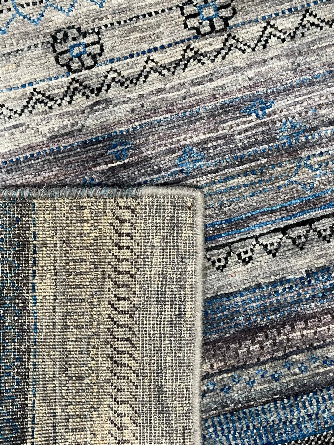 Blue &amp; Grey Linear Tribal Wool Runner Rug – 2.8’ x 15.10’
