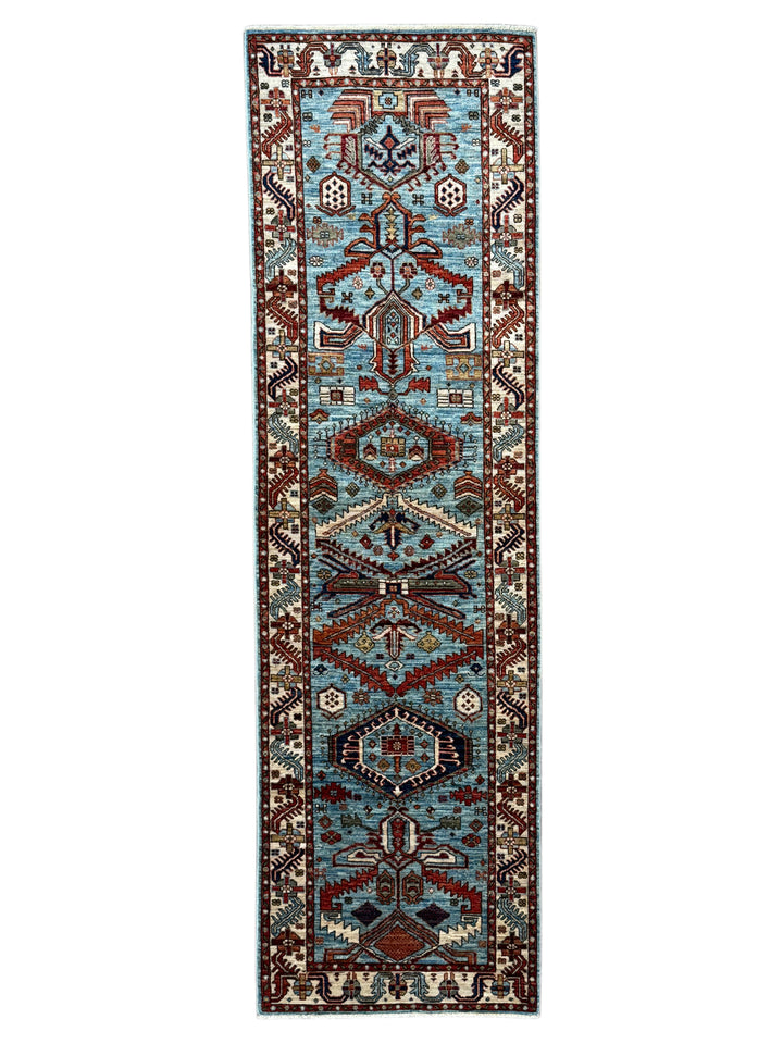 Light Blue, Rust &amp; Ivory Geometric Wool Runner Rug – 2.9’ x 9.7’