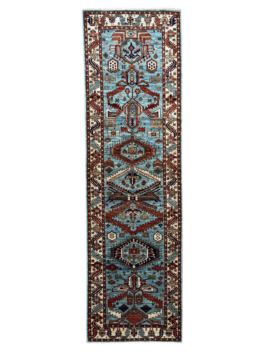 Light Blue, Rust & Ivory Geometric Wool Runner Rug – 2.9’ x 9.7’