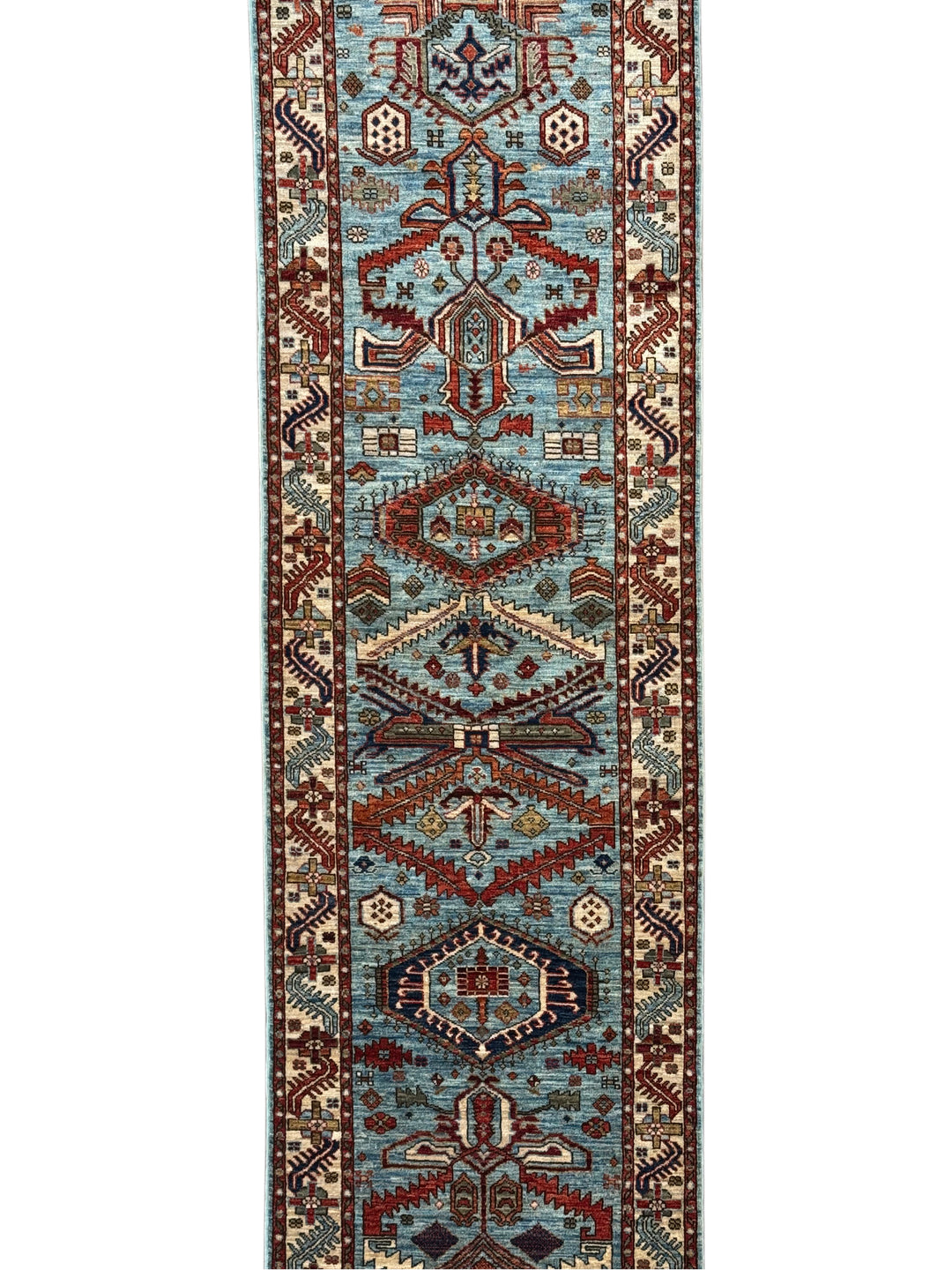 Light Blue, Rust &amp; Ivory Geometric Wool Runner Rug – 2.9’ x 9.7’