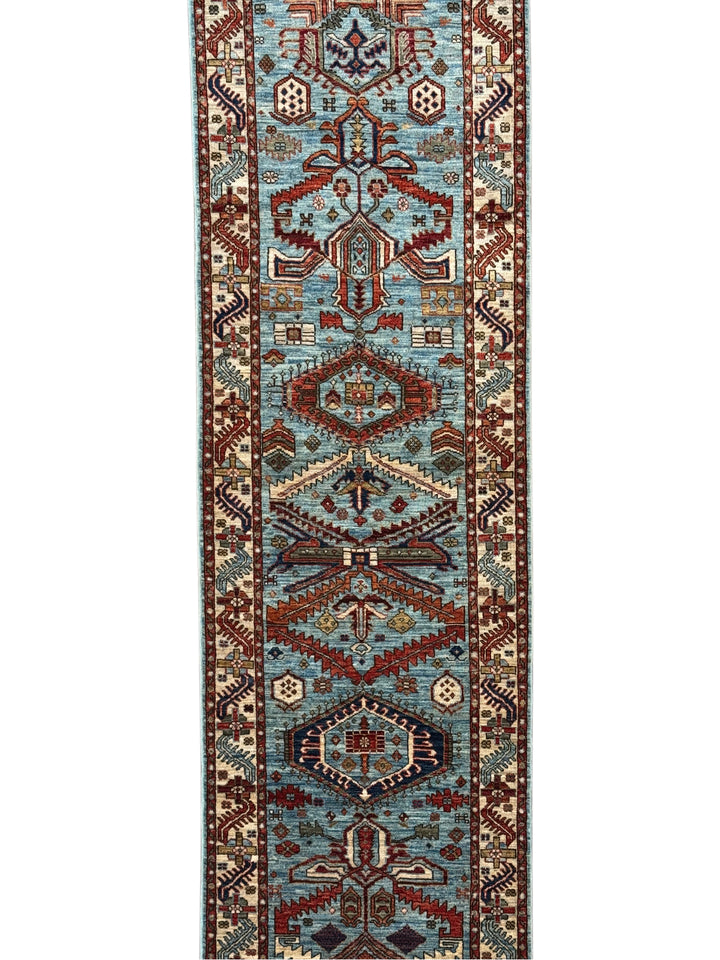 Light Blue, Rust &amp; Ivory Geometric Wool Runner Rug – 2.9’ x 9.7’