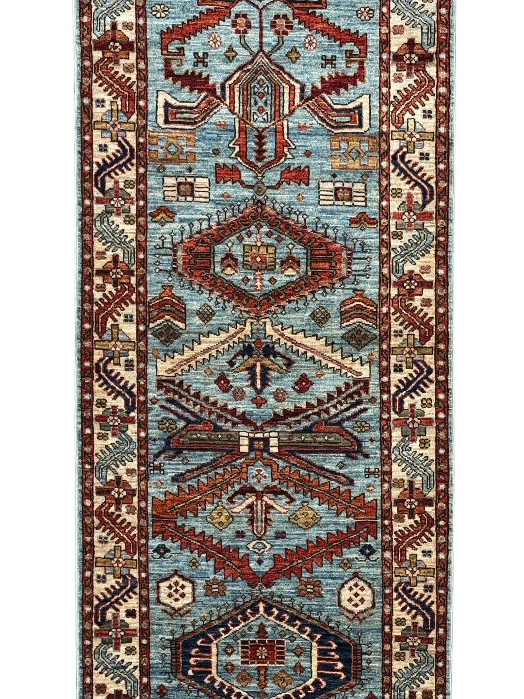 Light Blue, Rust &amp; Ivory Geometric Wool Runner Rug – 2.9’ x 9.7’