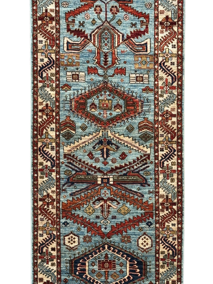 Light Blue, Rust &amp; Ivory Geometric Wool Runner Rug – 2.9’ x 9.7’