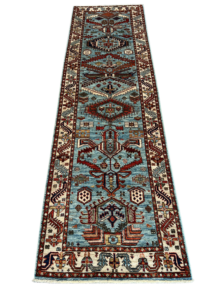 Light Blue, Rust &amp; Ivory Geometric Wool Runner Rug – 2.9’ x 9.7’