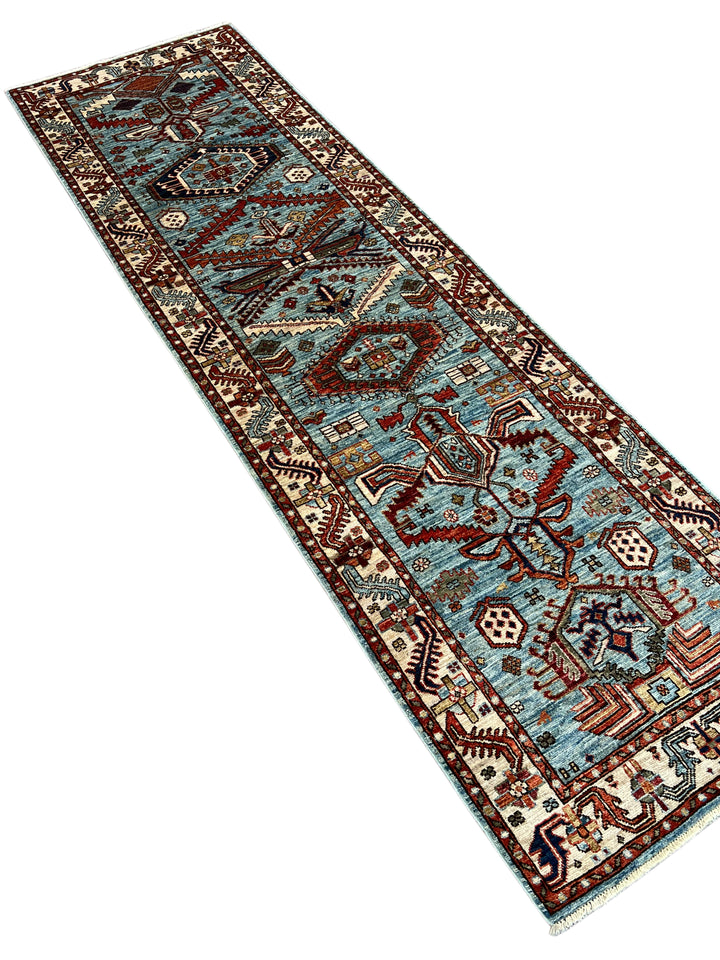 Light Blue, Rust &amp; Ivory Geometric Wool Runner Rug – 2.9’ x 9.7’
