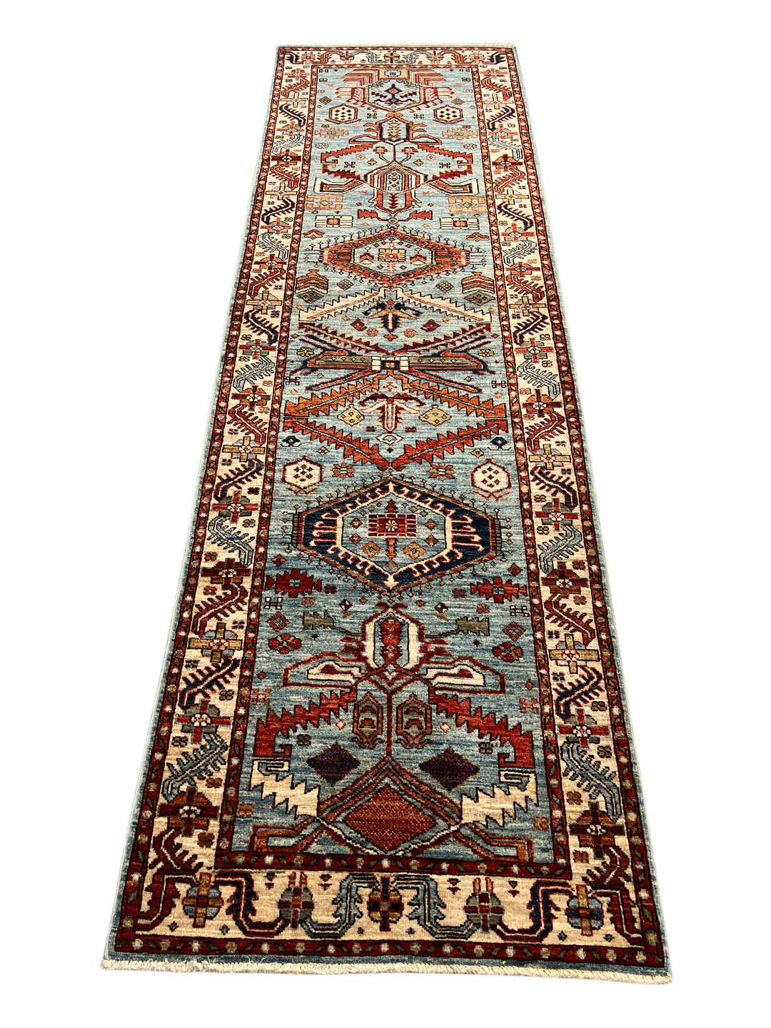 Light Blue, Rust &amp; Ivory Geometric Wool Runner Rug – 2.9’ x 9.7’