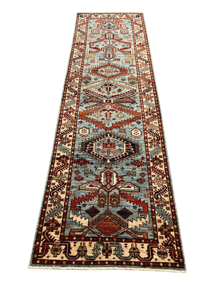 Light Blue, Rust &amp; Ivory Geometric Wool Runner Rug – 2.9’ x 9.7’