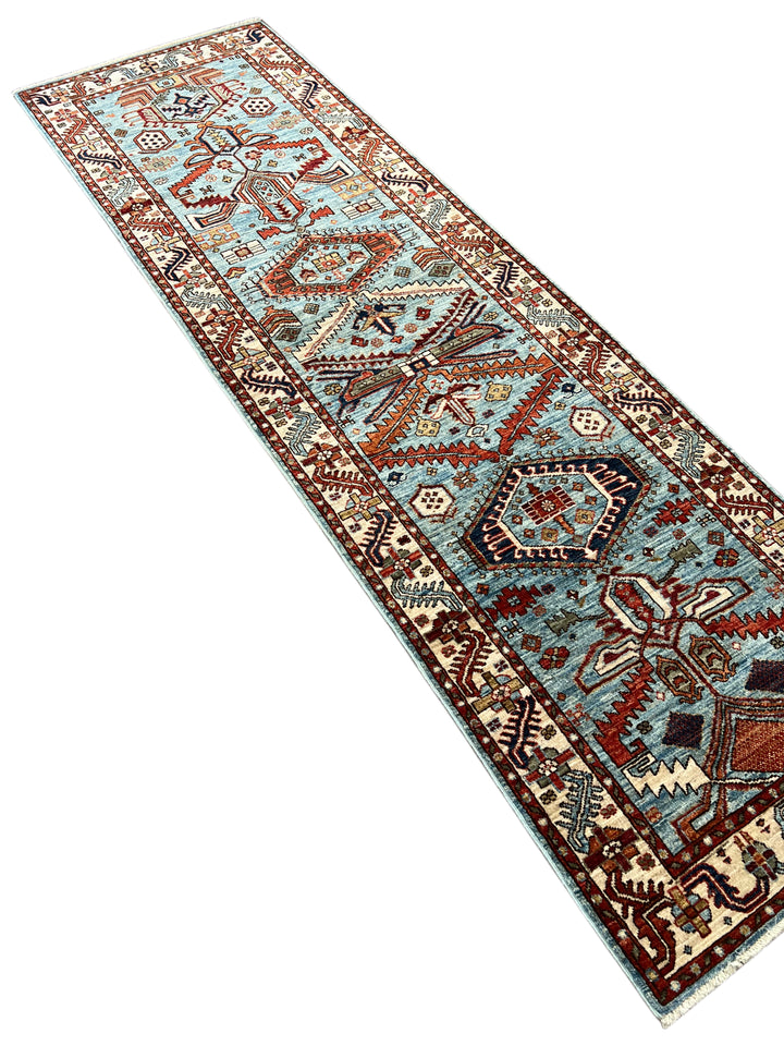 Light Blue, Rust &amp; Ivory Geometric Wool Runner Rug – 2.9’ x 9.7’