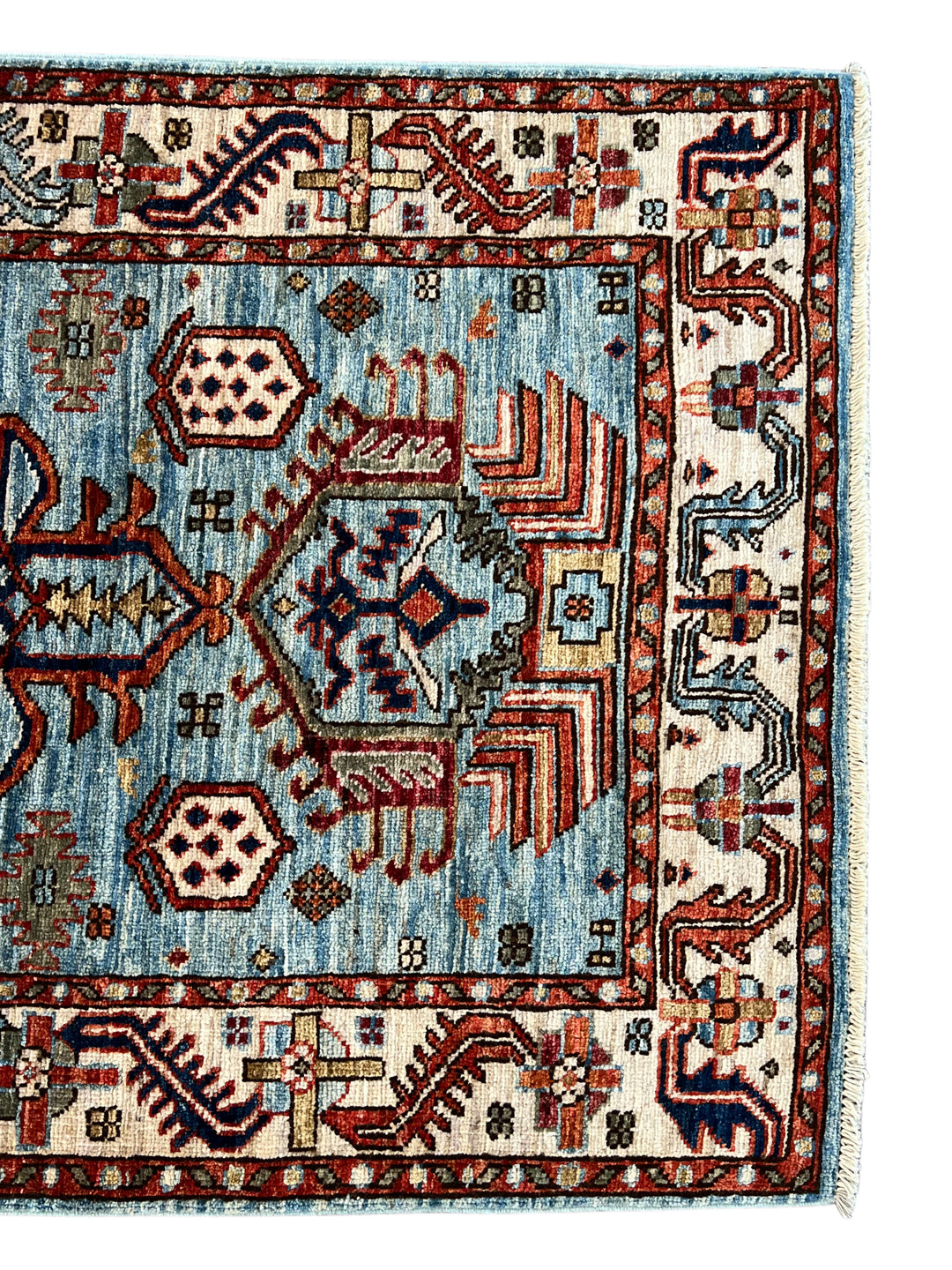 Light Blue, Rust &amp; Ivory Geometric Wool Runner Rug – 2.9’ x 9.7’