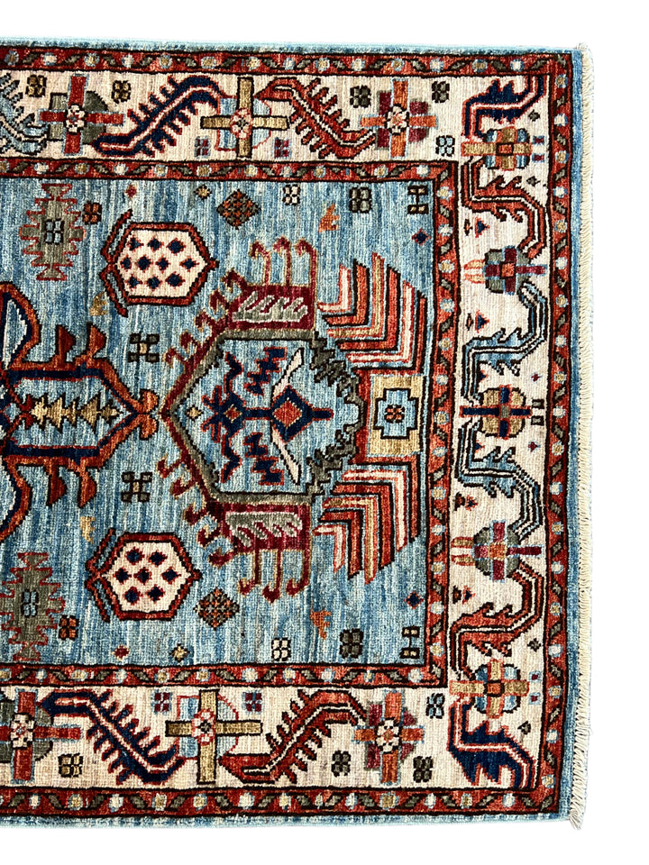 Light Blue, Rust &amp; Ivory Geometric Wool Runner Rug – 2.9’ x 9.7’