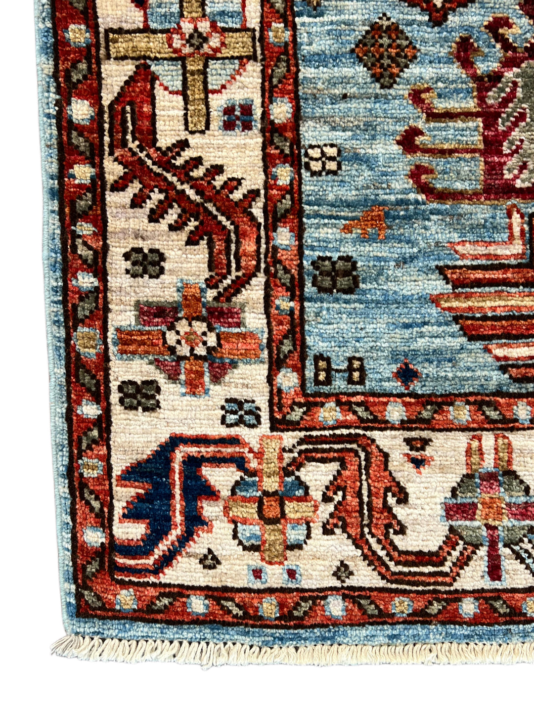Light Blue, Rust &amp; Ivory Geometric Wool Runner Rug – 2.9’ x 9.7’