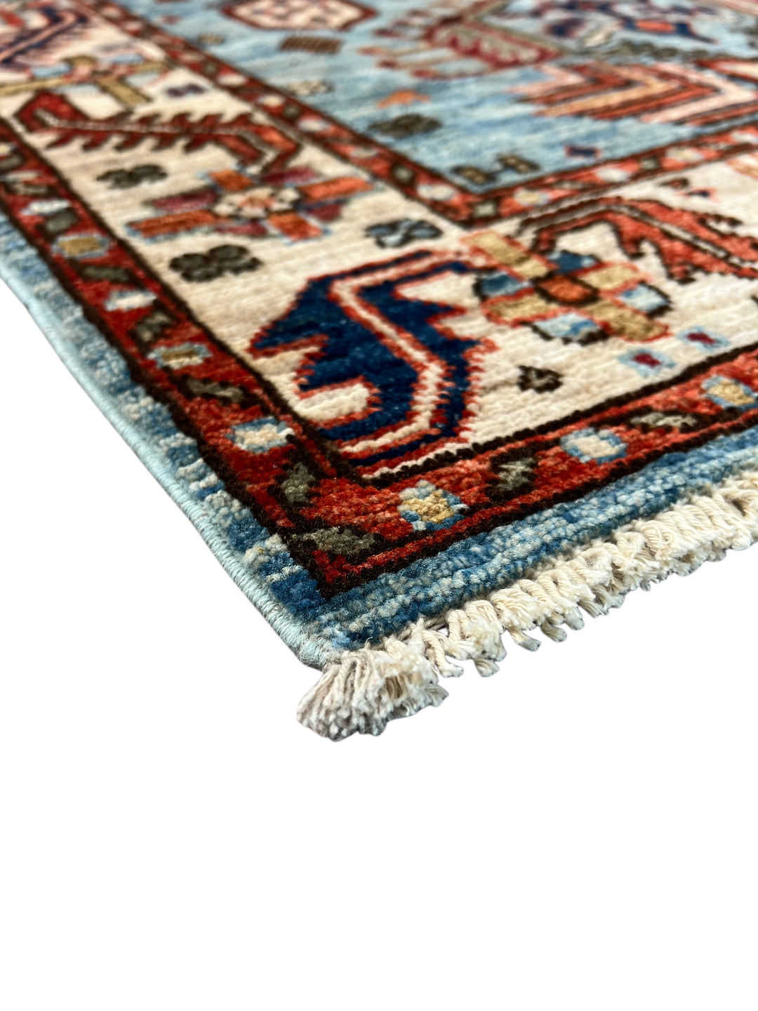 Light Blue, Rust &amp; Ivory Geometric Wool Runner Rug – 2.9’ x 9.7’