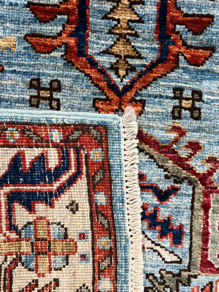 Light Blue, Rust &amp; Ivory Geometric Wool Runner Rug – 2.9’ x 9.7’