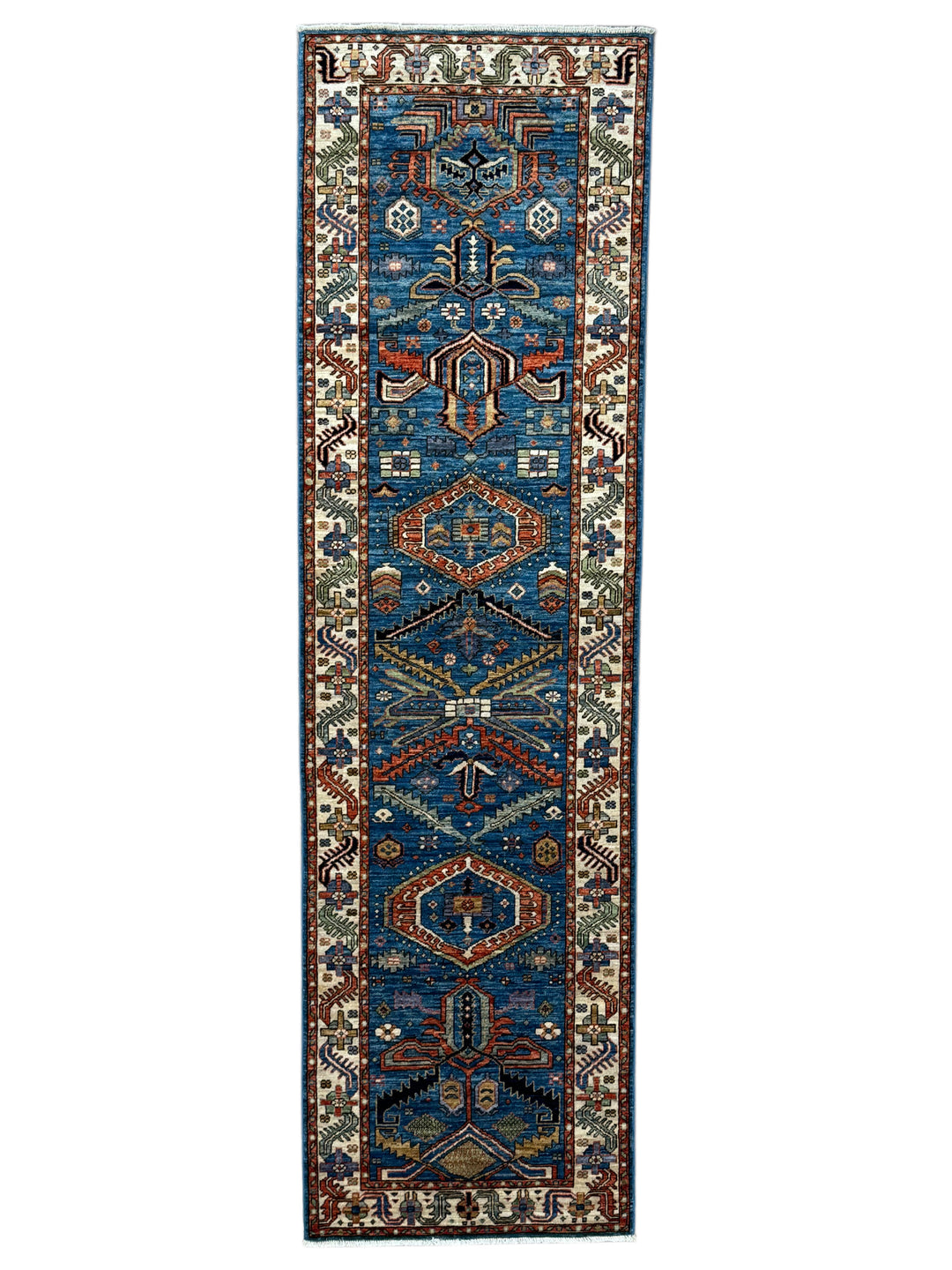 Deep Blue, Rust &amp; Ivory Geometric Wool Runner Rug – 2.10’ x 9.11’