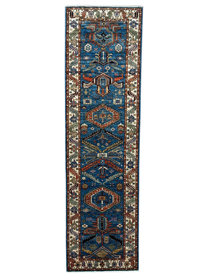 Deep Blue, Rust &amp; Ivory Geometric Wool Runner Rug – 2.10’ x 9.11’