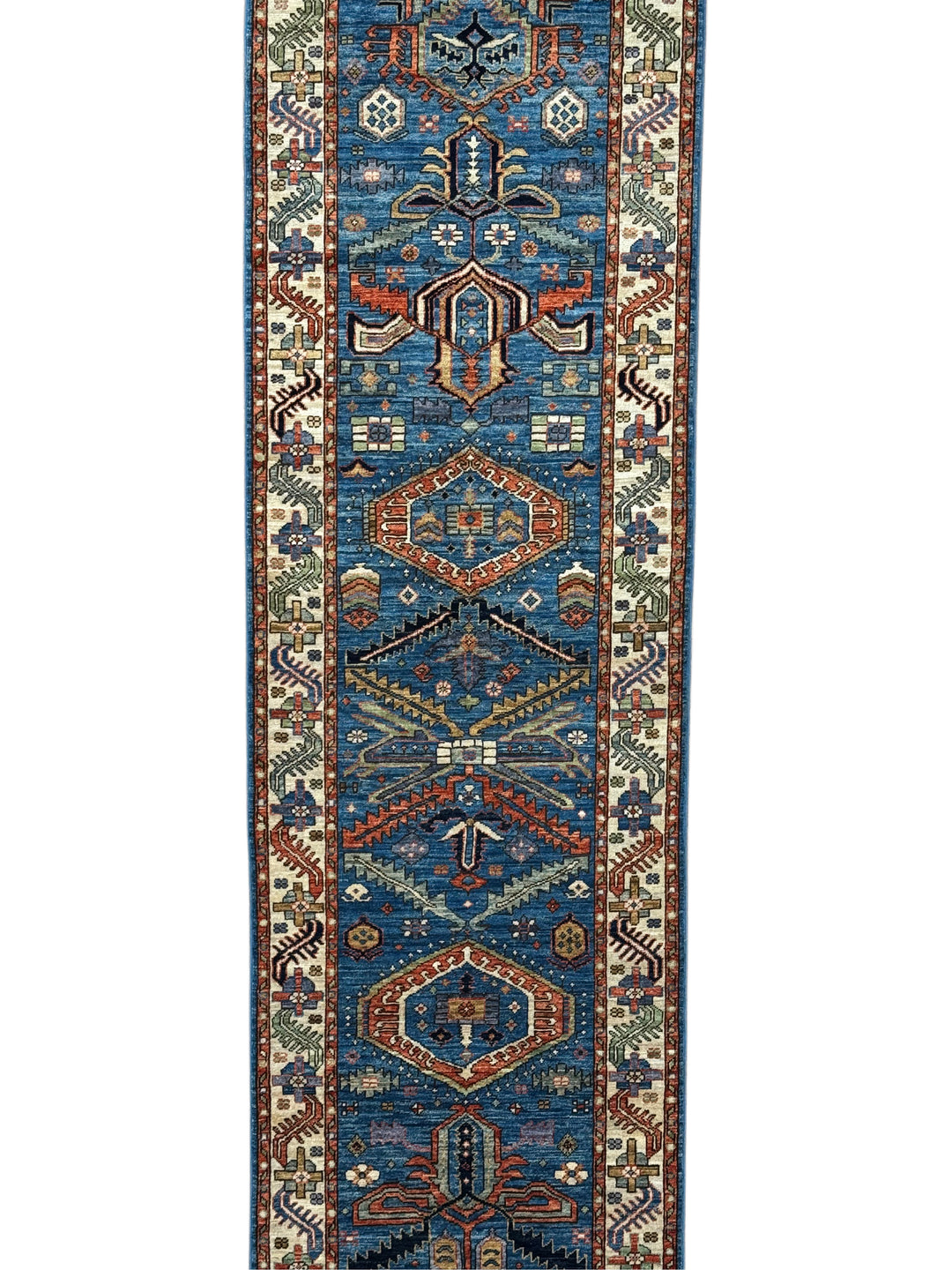 Deep Blue, Rust &amp; Ivory Geometric Wool Runner Rug – 2.10’ x 9.11’