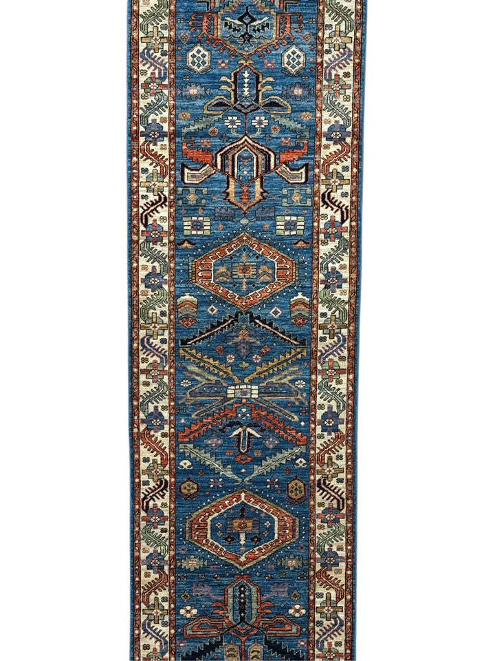Deep Blue, Rust &amp; Ivory Geometric Wool Runner Rug – 2.10’ x 9.11’