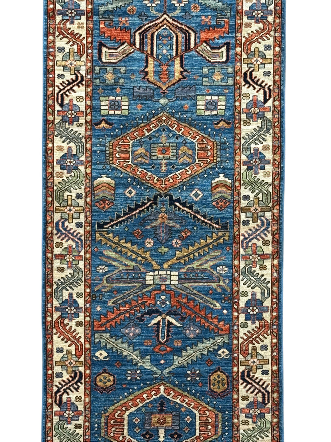 Deep Blue, Rust &amp; Ivory Geometric Wool Runner Rug – 2.10’ x 9.11’