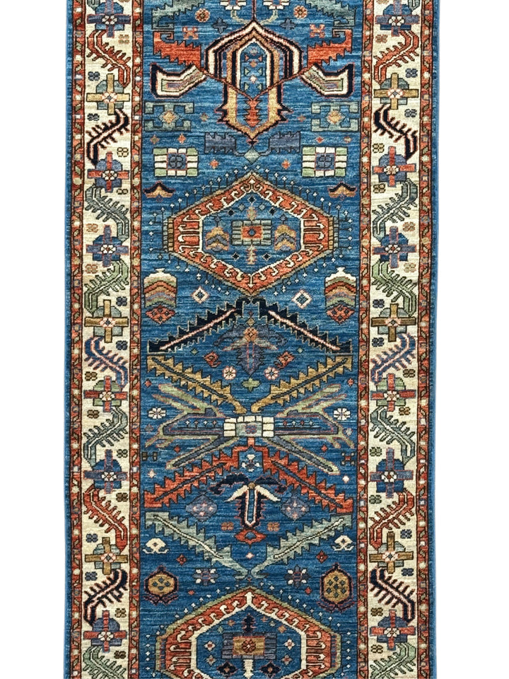 Deep Blue, Rust &amp; Ivory Geometric Wool Runner Rug – 2.10’ x 9.11’