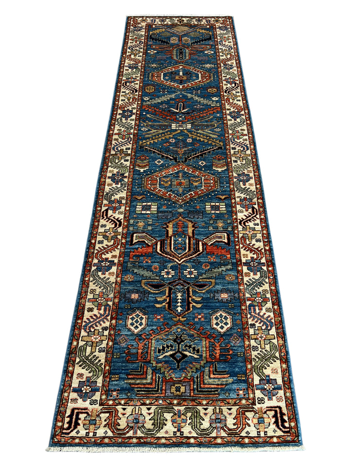 Deep Blue, Rust &amp; Ivory Geometric Wool Runner Rug – 2.10’ x 9.11’