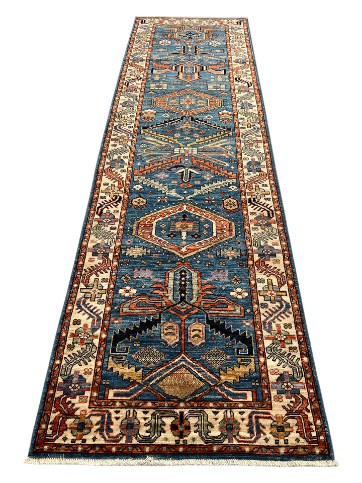 Deep Blue, Rust &amp; Ivory Geometric Wool Runner Rug – 2.10’ x 9.11’