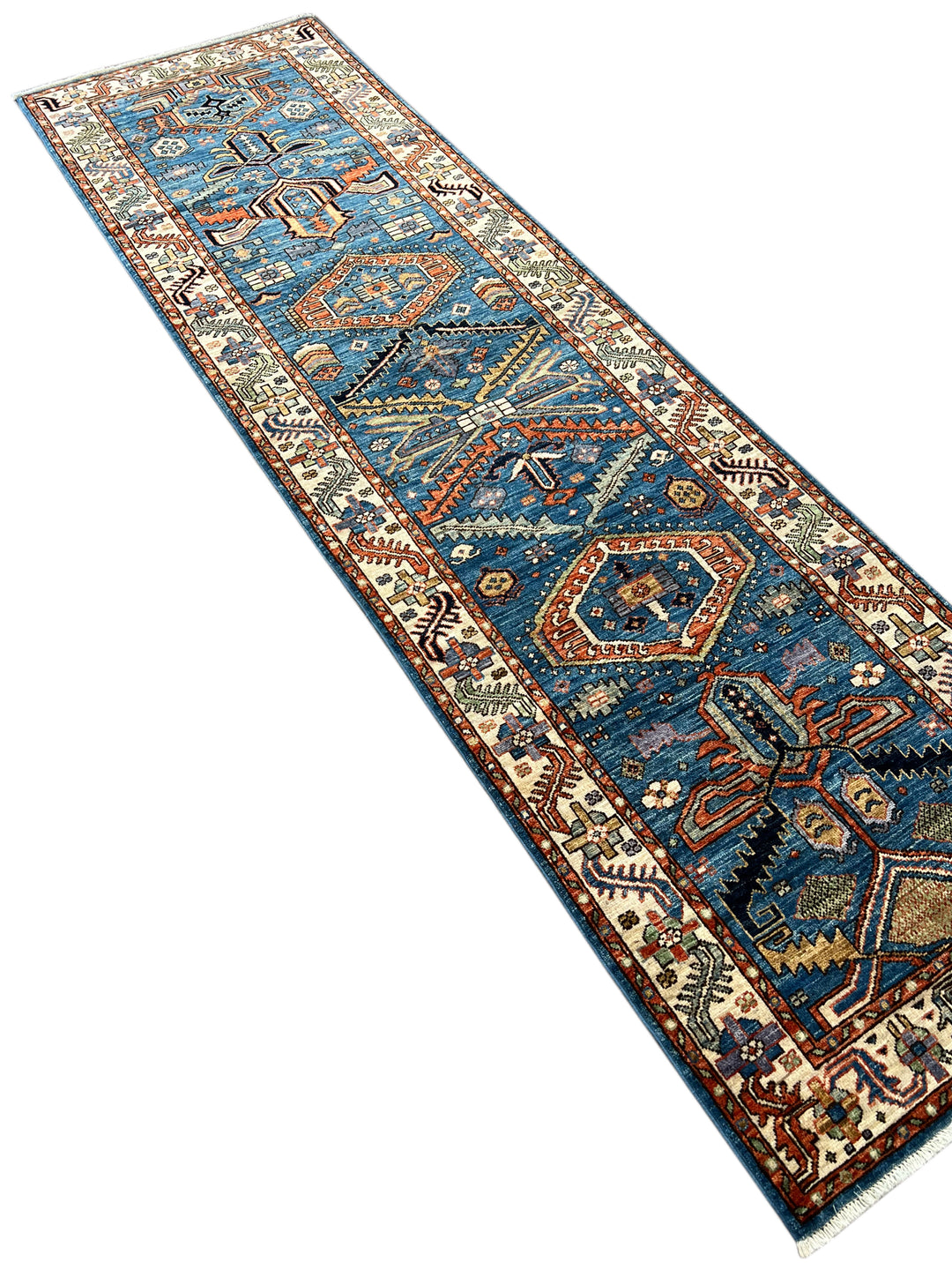 Deep Blue, Rust &amp; Ivory Geometric Wool Runner Rug – 2.10’ x 9.11’