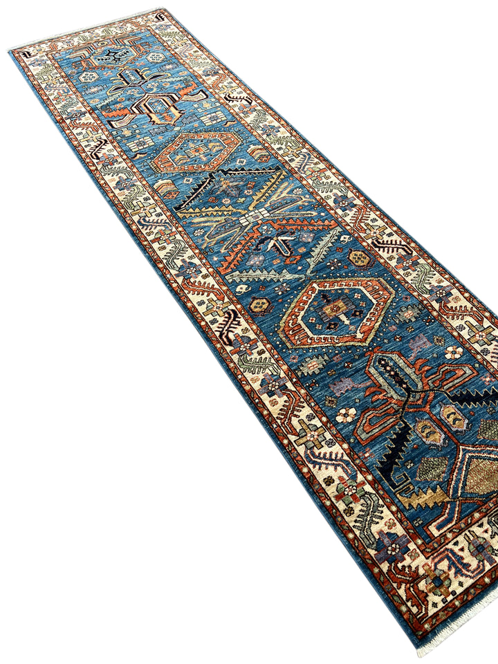 Deep Blue, Rust &amp; Ivory Geometric Wool Runner Rug – 2.10’ x 9.11’
