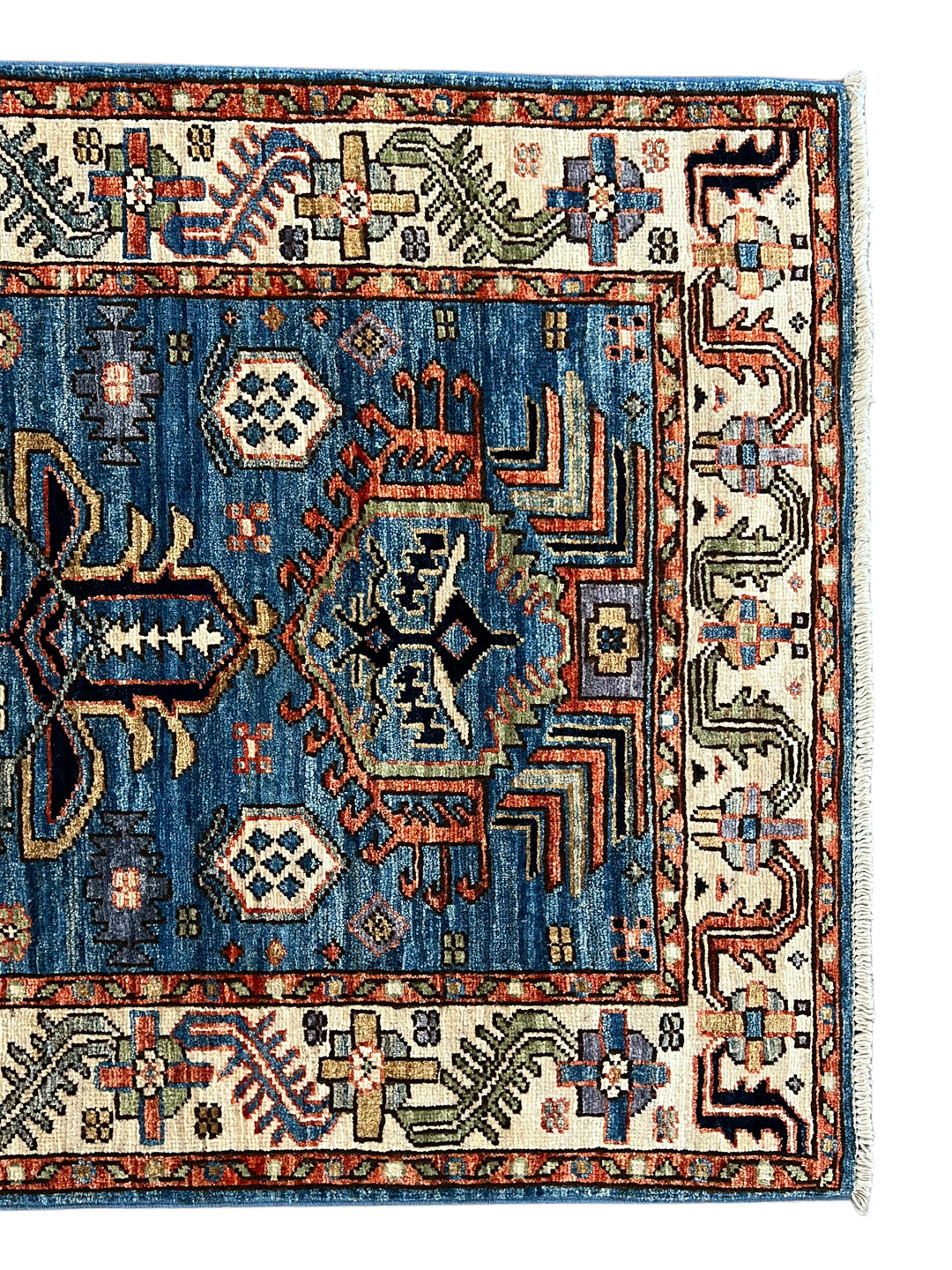 Deep Blue, Rust &amp; Ivory Geometric Wool Runner Rug – 2.10’ x 9.11’