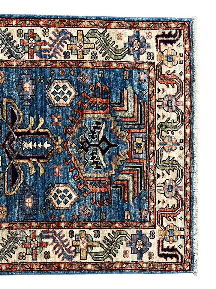 Deep Blue, Rust &amp; Ivory Geometric Wool Runner Rug – 2.10’ x 9.11’