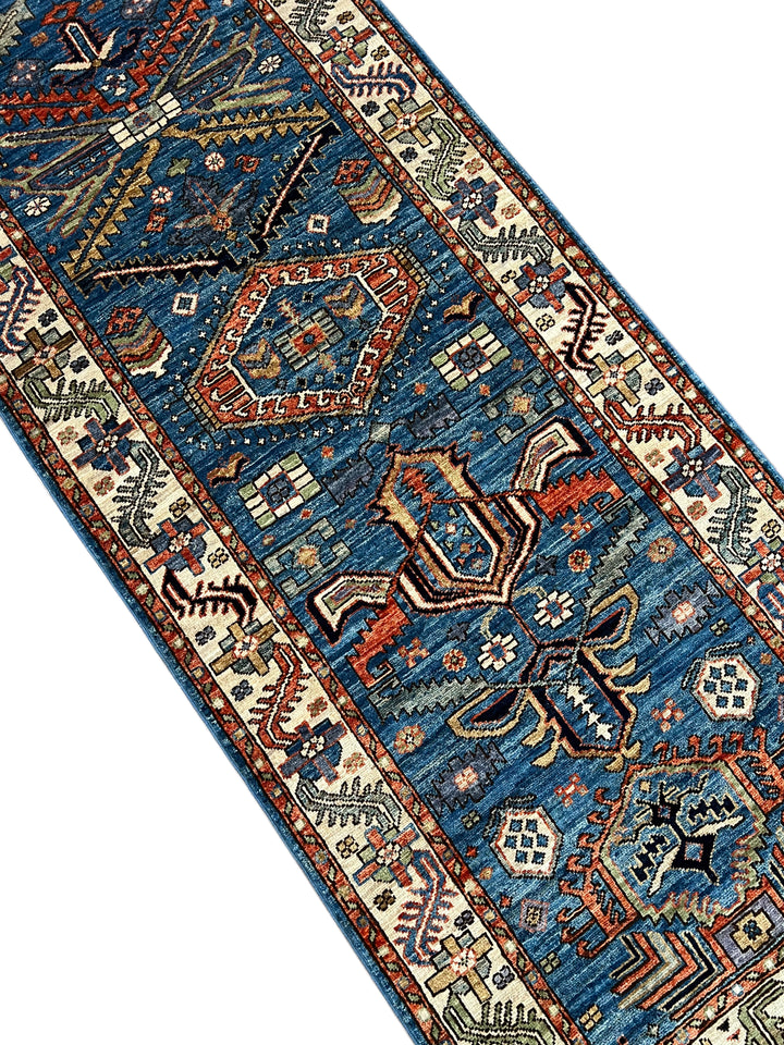Deep Blue, Rust &amp; Ivory Geometric Wool Runner Rug – 2.10’ x 9.11’