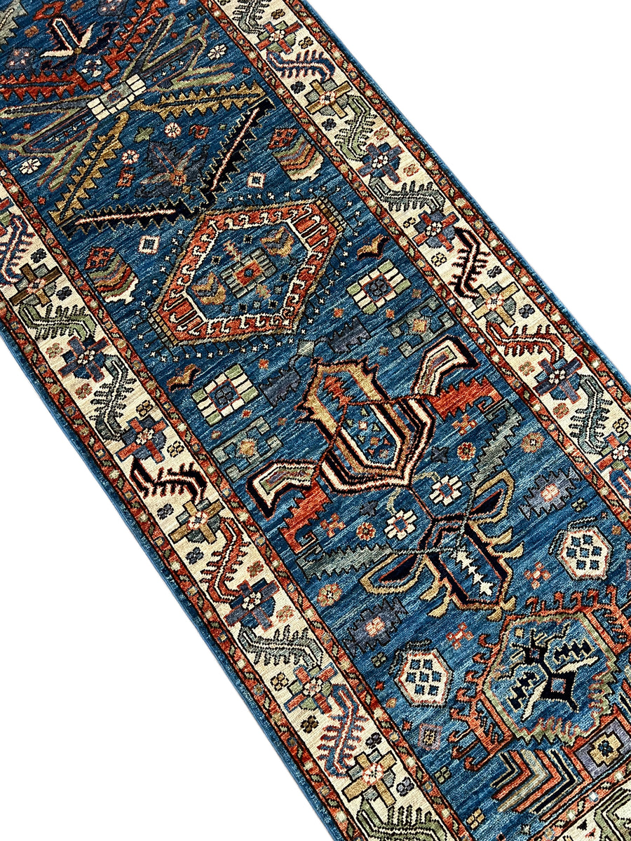 Deep Blue, Rust & Ivory Geometric Wool Runner Rug – 2.10’ x 9.11’