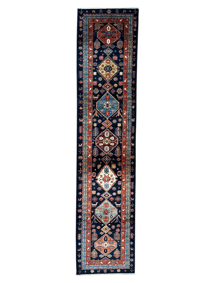 Navy Blue, Rust &amp; Ivory Geometric Wool Runner Rug – 2.8’ x 11.7’