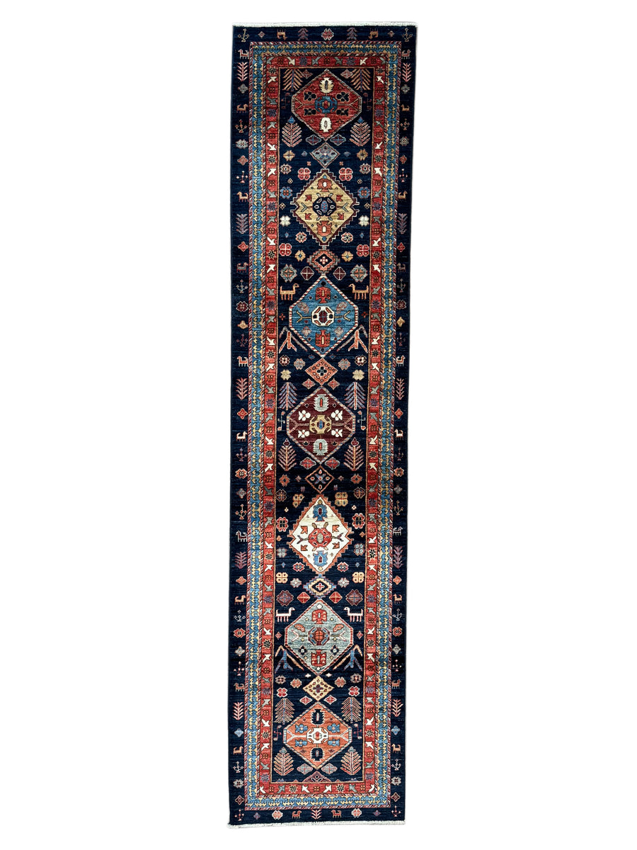 Navy Blue, Rust & Ivory Geometric Wool Runner Rug – 2.8’ x 11.7’