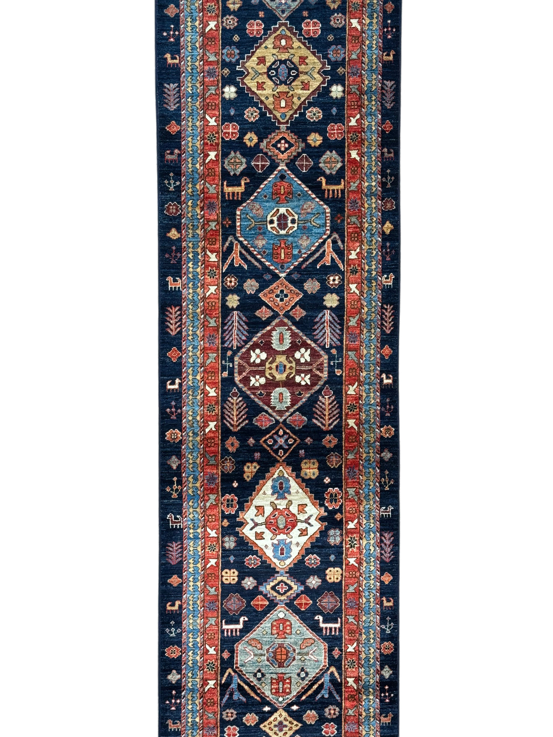 Navy Blue, Rust &amp; Ivory Geometric Wool Runner Rug – 2.8’ x 11.7’