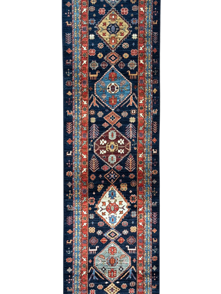 Navy Blue, Rust &amp; Ivory Geometric Wool Runner Rug – 2.8’ x 11.7’