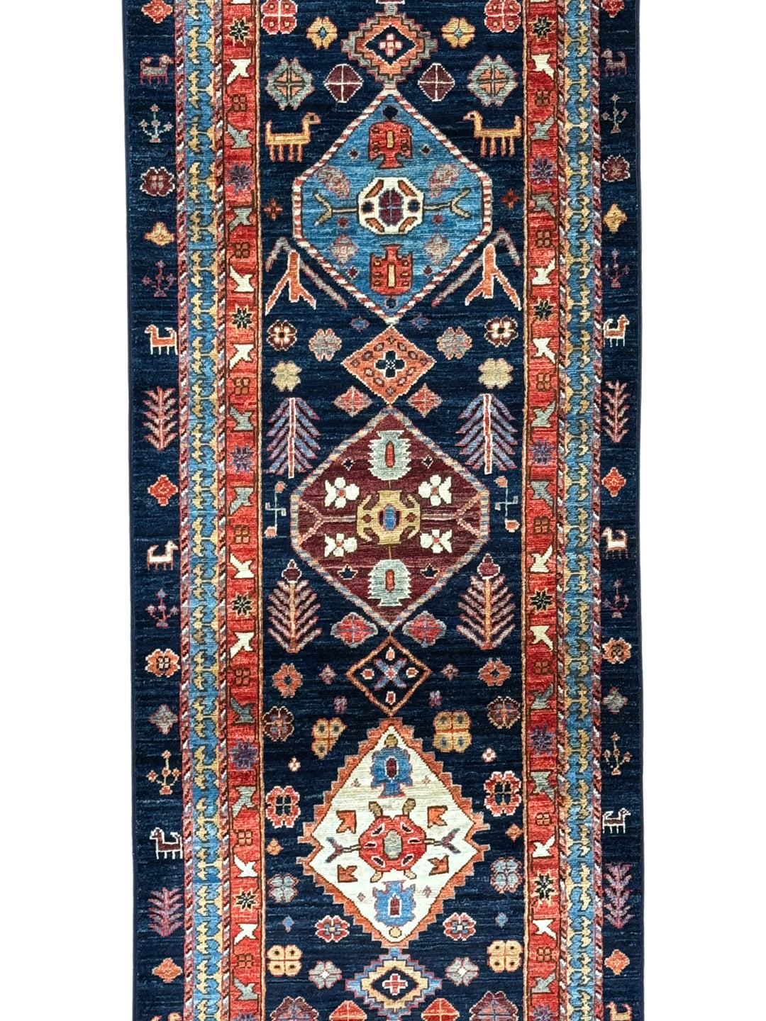 Navy Blue, Rust &amp; Ivory Geometric Wool Runner Rug – 2.8’ x 11.7’