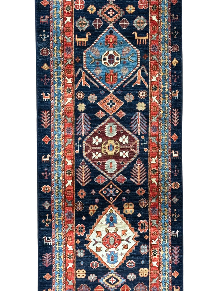 Navy Blue, Rust &amp; Ivory Geometric Wool Runner Rug – 2.8’ x 11.7’