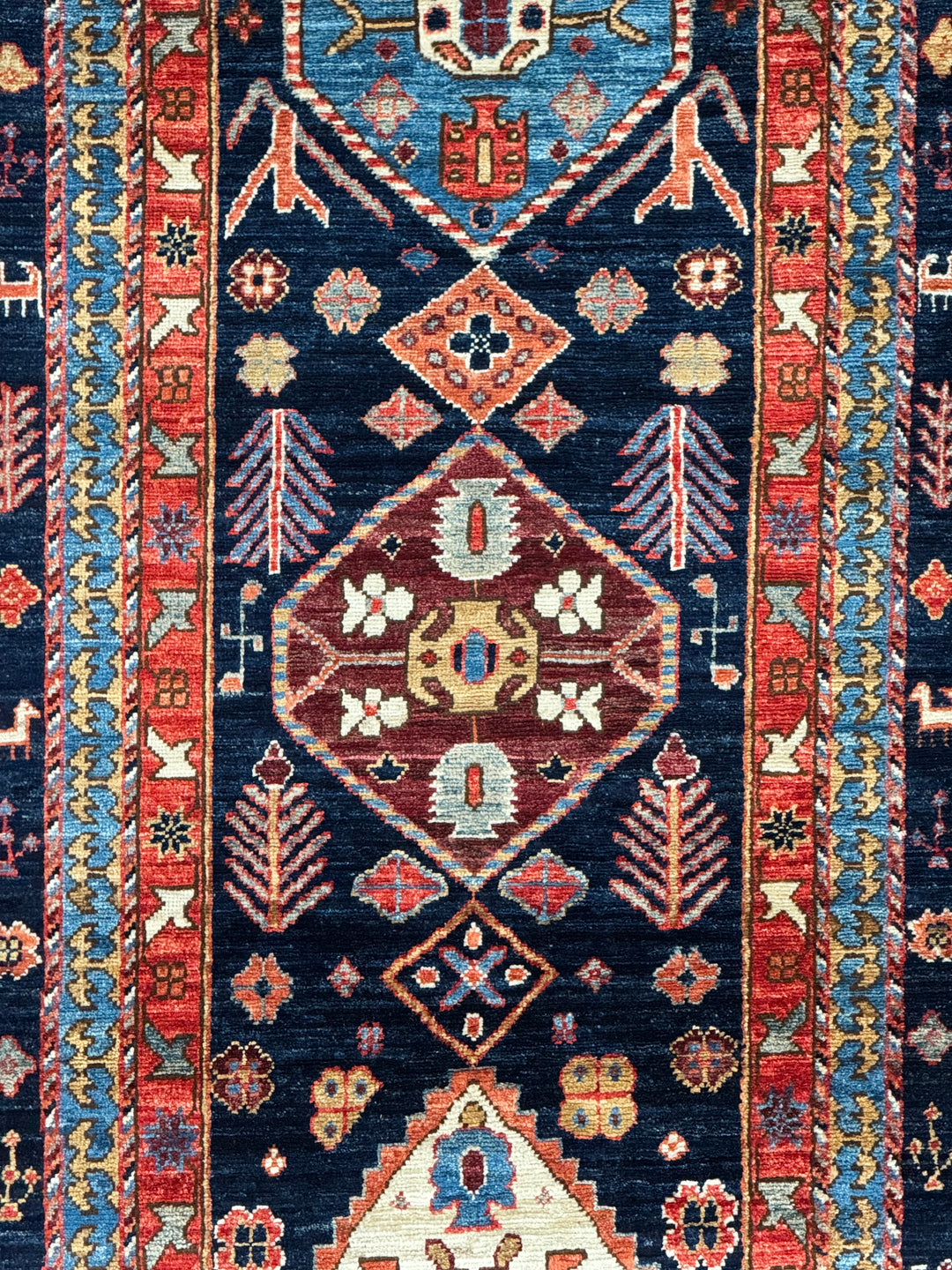 Navy Blue, Rust &amp; Ivory Geometric Wool Runner Rug – 2.8’ x 11.7’