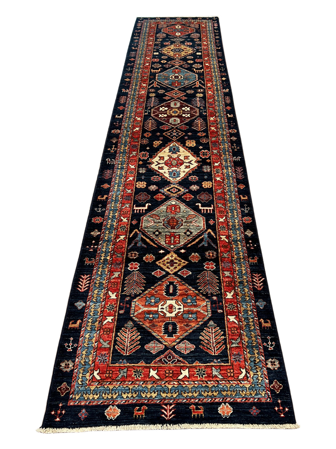 Navy Blue, Rust &amp; Ivory Geometric Wool Runner Rug – 2.8’ x 11.7’