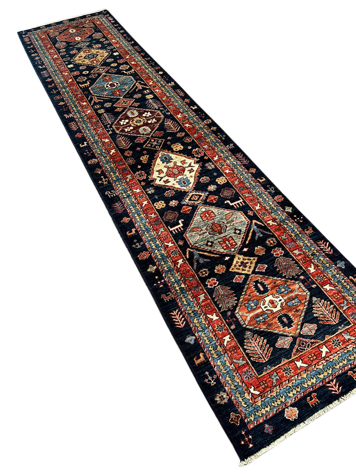 Navy Blue, Rust &amp; Ivory Geometric Wool Runner Rug – 2.8’ x 11.7’