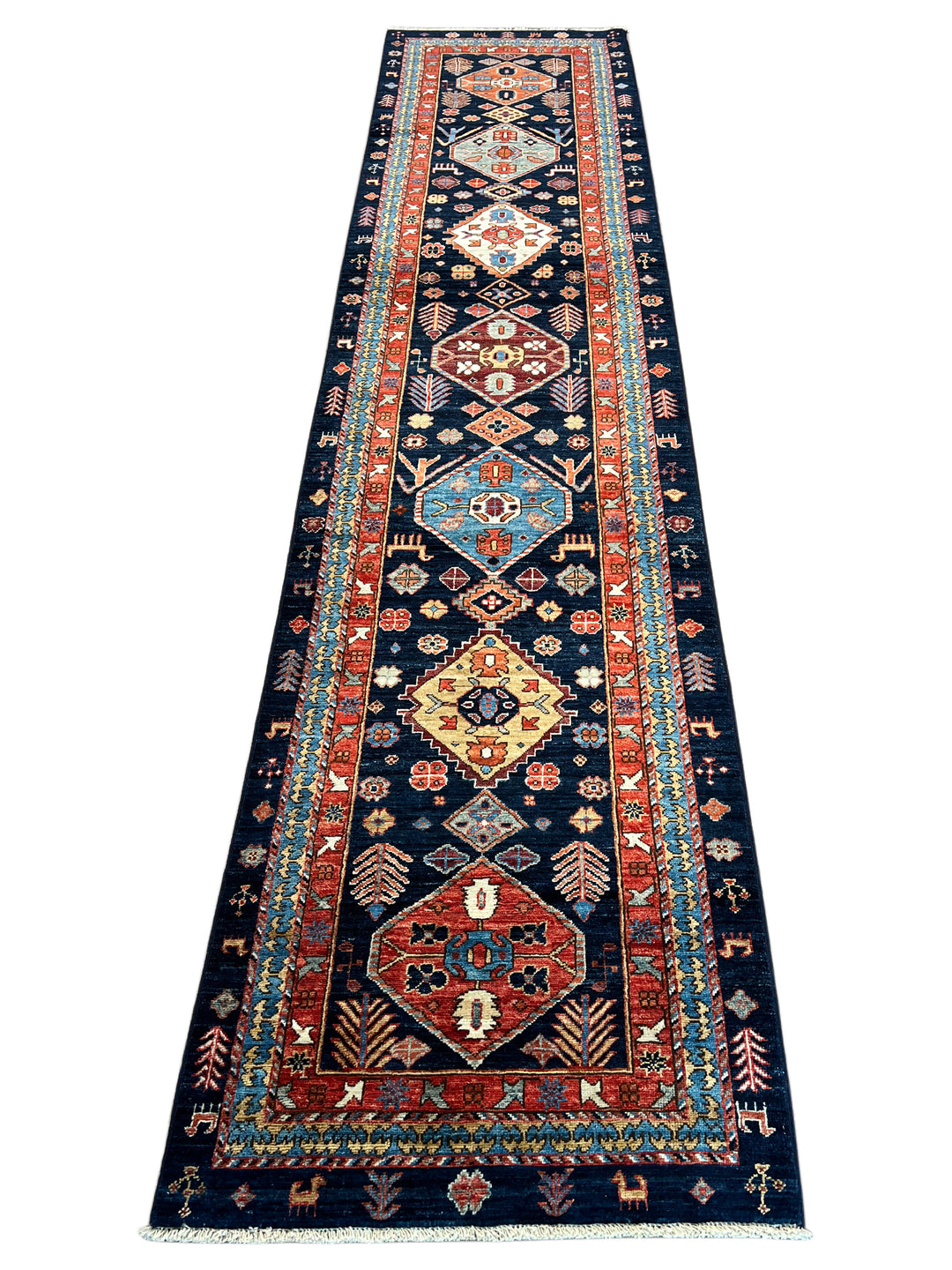 Navy Blue, Rust &amp; Ivory Geometric Wool Runner Rug – 2.8’ x 11.7’