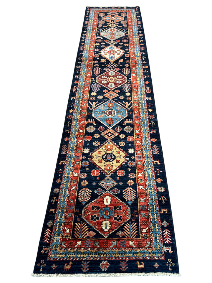 Navy Blue, Rust &amp; Ivory Geometric Wool Runner Rug – 2.8’ x 11.7’