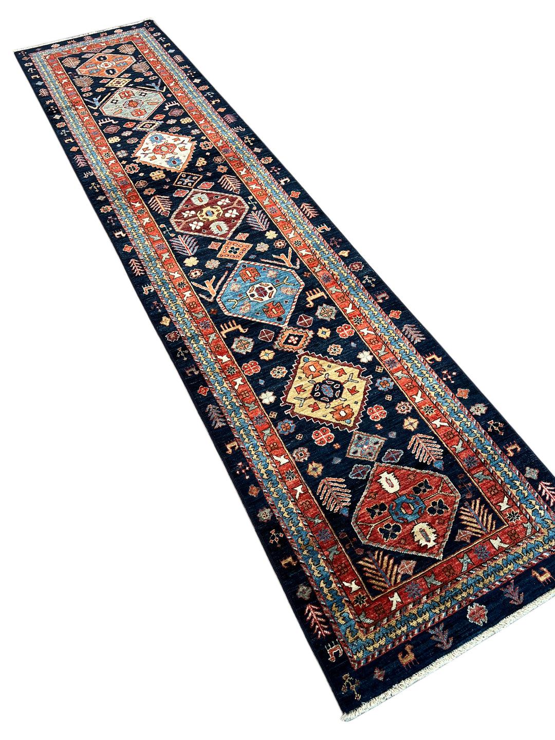 Navy Blue, Rust &amp; Ivory Geometric Wool Runner Rug – 2.8’ x 11.7’