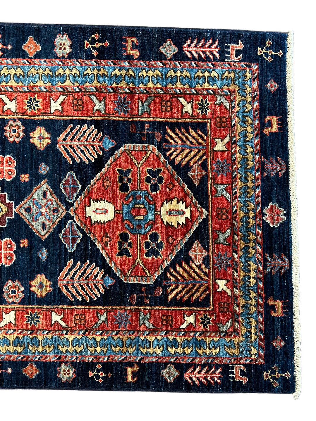 Navy Blue, Rust &amp; Ivory Geometric Wool Runner Rug – 2.8’ x 11.7’