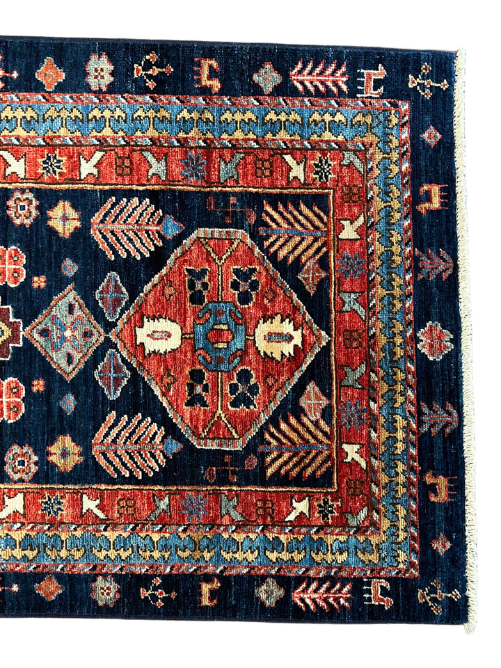 Navy Blue, Rust &amp; Ivory Geometric Wool Runner Rug – 2.8’ x 11.7’