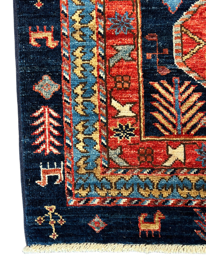 Navy Blue, Rust &amp; Ivory Geometric Wool Runner Rug – 2.8’ x 11.7’
