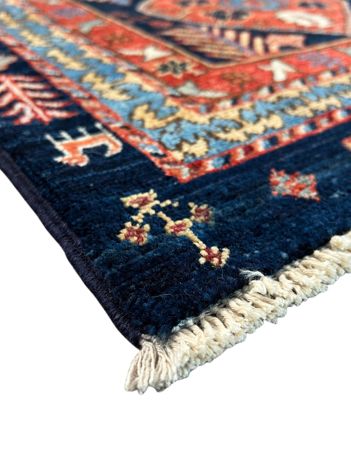 Navy Blue, Rust &amp; Ivory Geometric Wool Runner Rug – 2.8’ x 11.7’